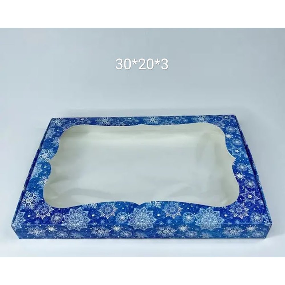 Коробка для печива та цукерок 30*20*3 см (новорічна синя в сніжинку)
